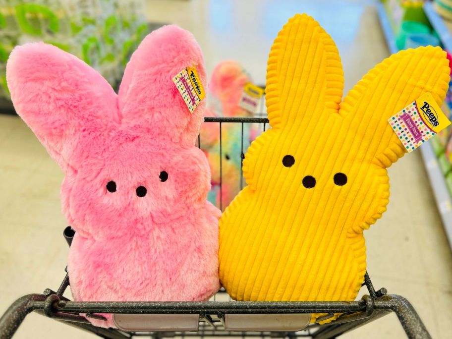 A Walgreens shopping cart with a Fluffy Pink and Yellow Fuzzy Peeps PLush in the front basket