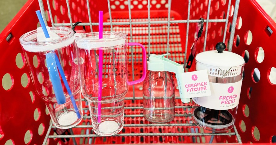 glass drinkware items in red shopping cart