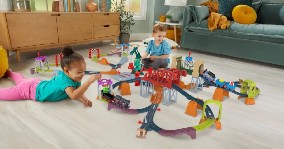 kids playing with Fisher-Price Thomas & Friends Train Diesel Raceway