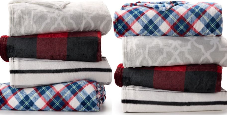 two stacks of folded family size blankets in various color and prints