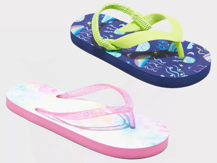 pink little girl's flip flop and glue and green toddler flip flop with strap