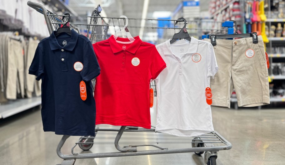 Walmart kids uniform displayed on a walmart cart