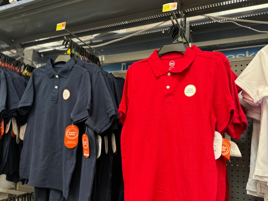 Walmart uniform shirts in blue and red