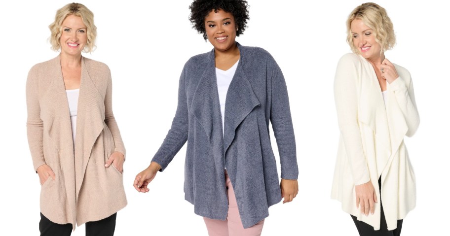 three women posing in barefoot dreams wrap cardigans with pockets