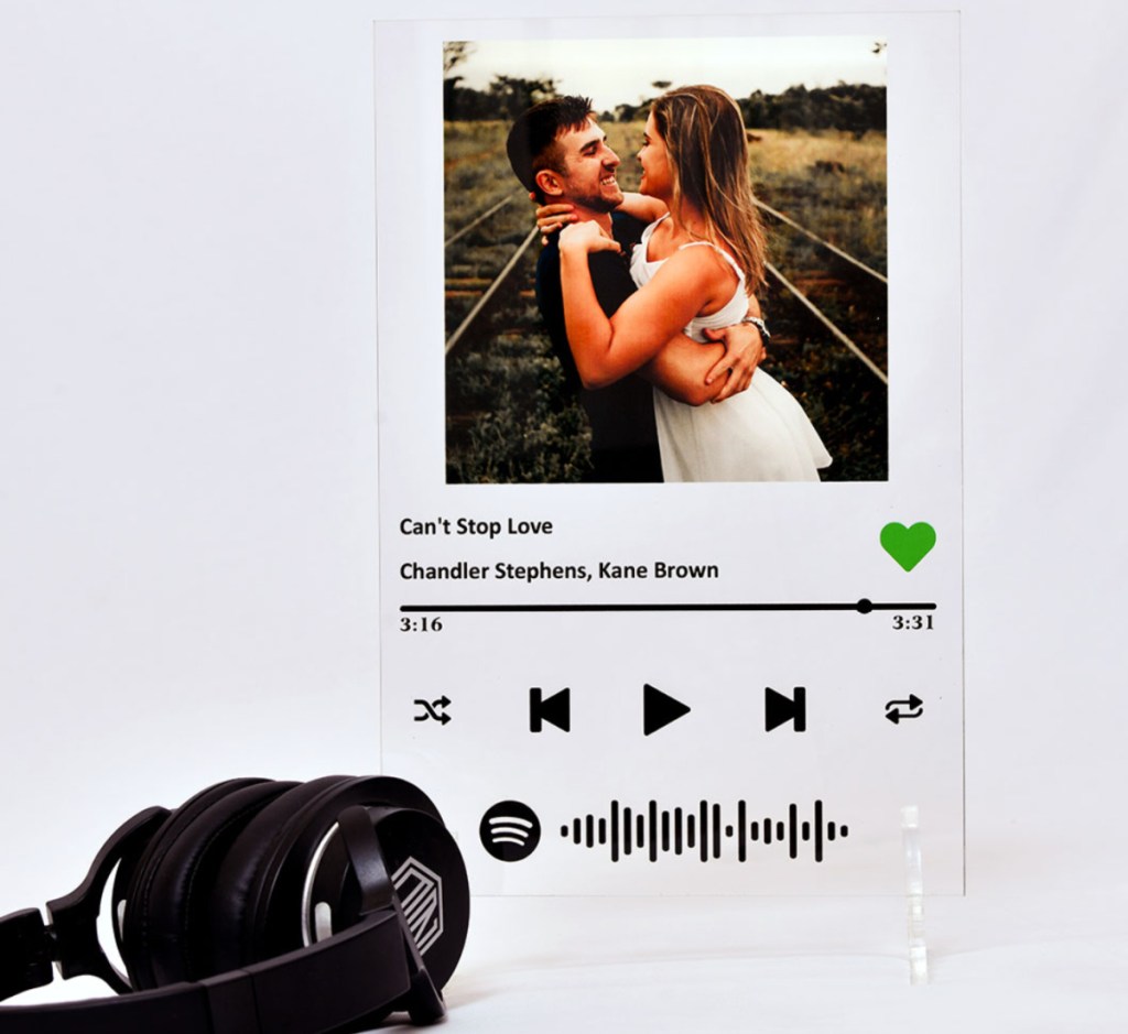 spotify plaque next to headphones