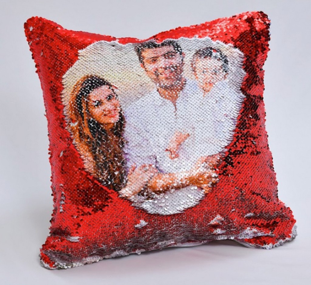 red sequin flip photo pillow