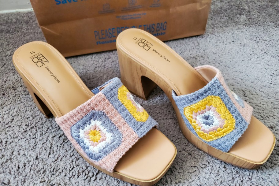 crochet heel mules in front of walmart bag