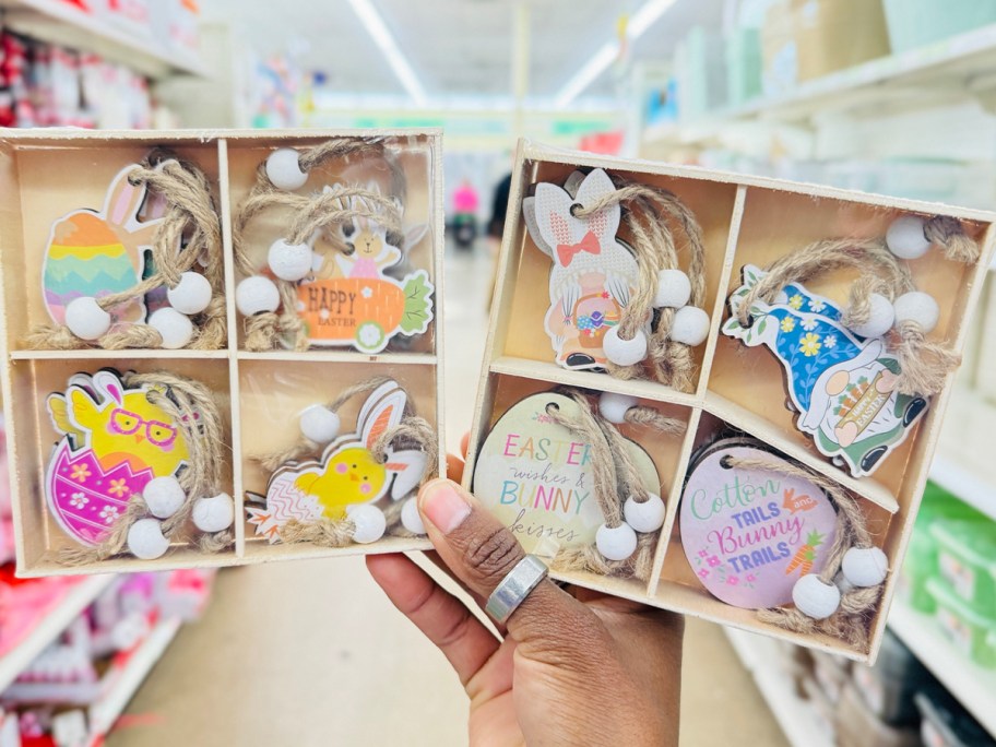 hand holding easter ornament sets 