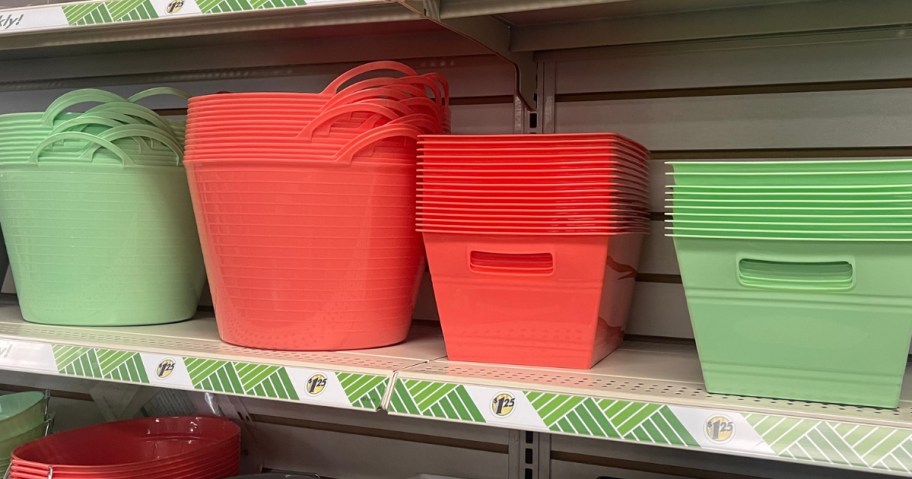 reddish orange and lime green buckets and baskets on a Dollar Tree shelf