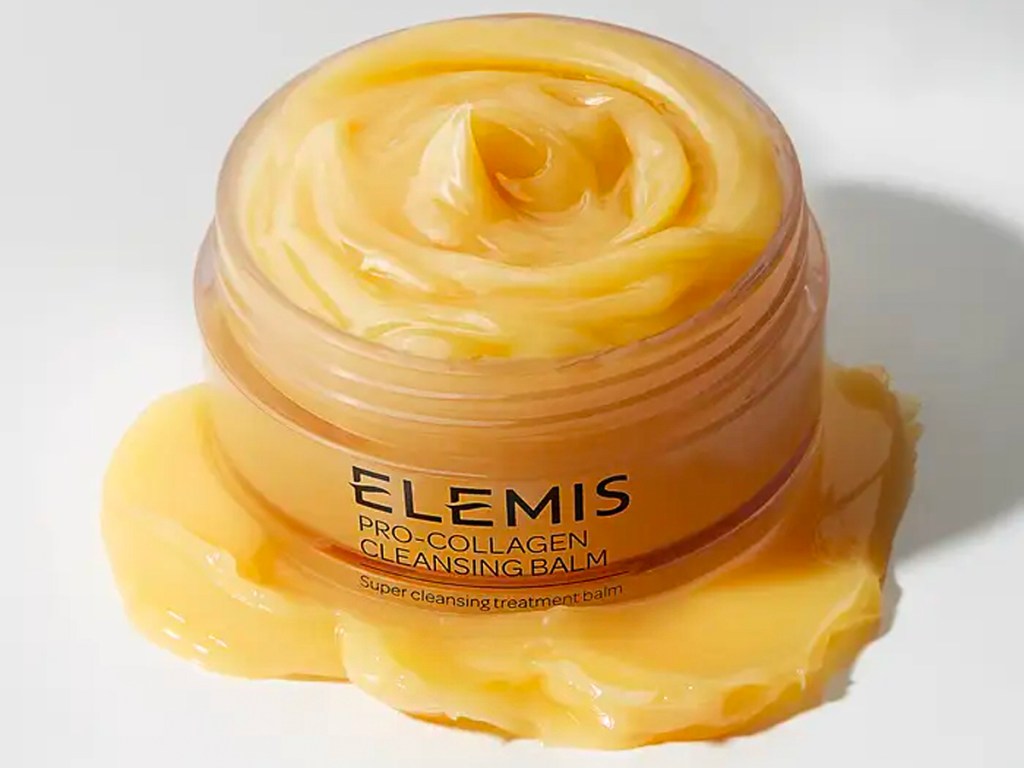 elemis pro collagen cleansing balm jar with cleanser beneath it