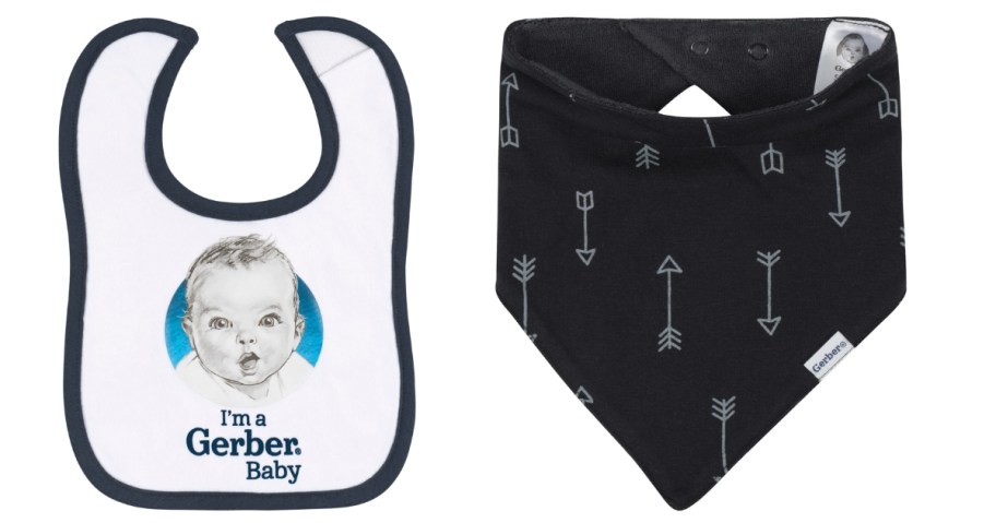 Gerber Baby Bib, and black baby bandana style bib with arrows