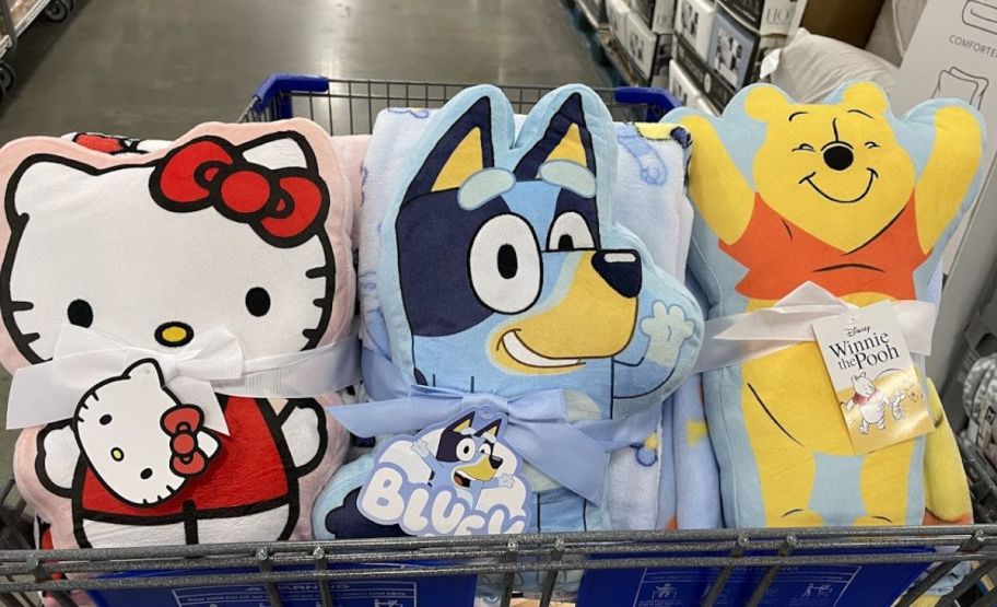 hello kitty bluey and winnie the pooh pillow and throw sets in shopping cart