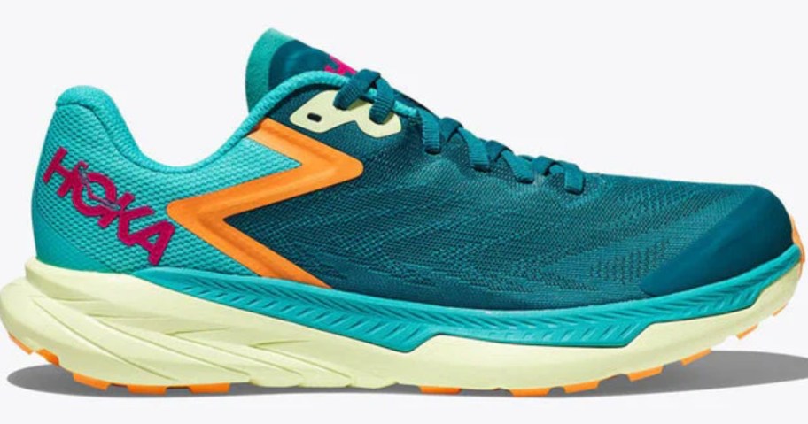 teal, blue, orange, yellow HOKA shoe