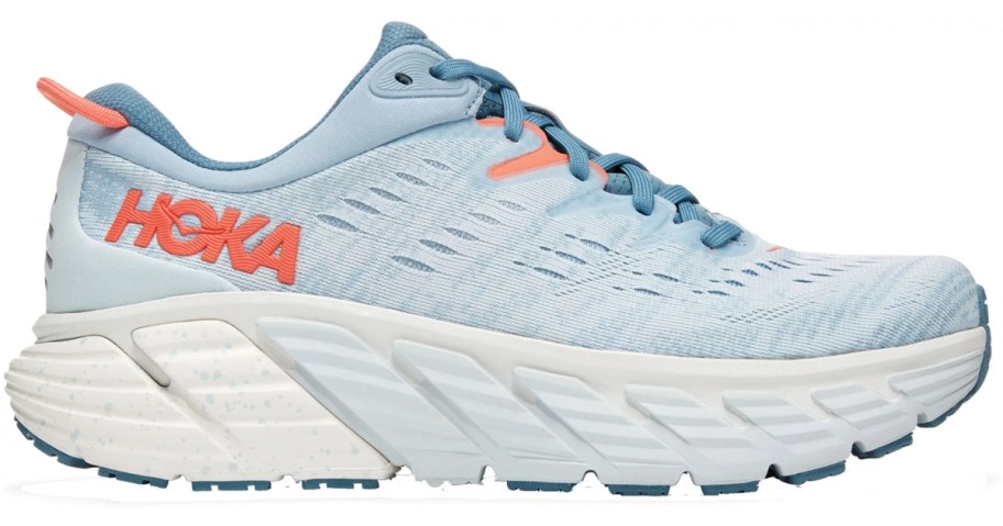 light blue, white and orange HOKA shoe