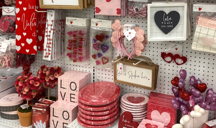 a display of Valentine's decor and craft items in a store