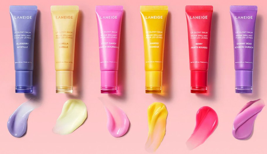 laniege lip glowy balms in multiple flavors in a row 