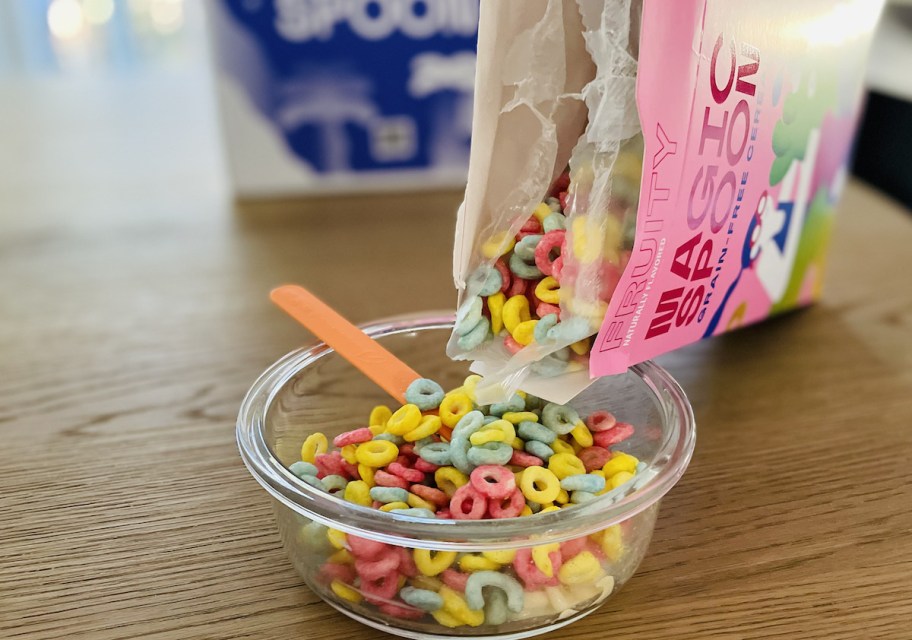 magic spoon cereal dumping cereal into clear bowl