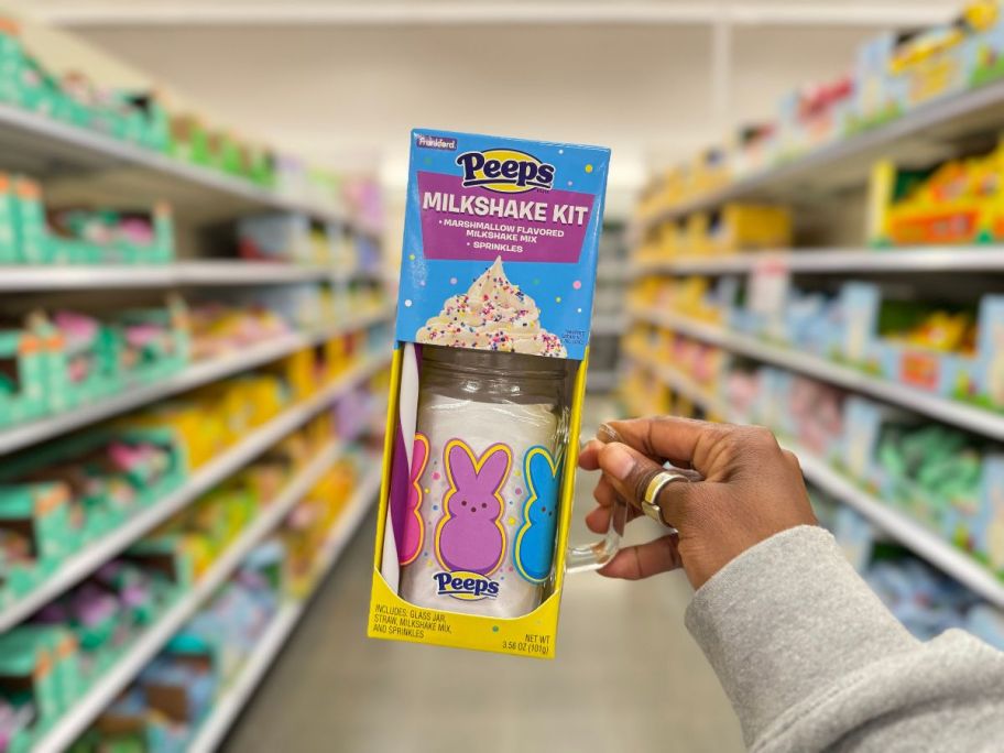 hand holding a Peeps Milkshake Set with glass Peeps jar in store aisle