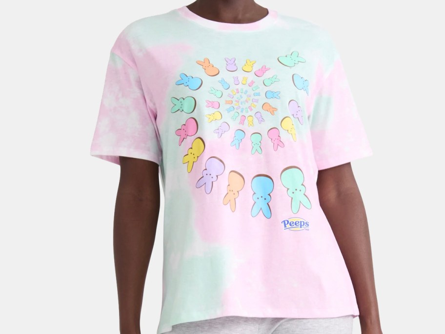 woman wearing tie dye peeps graphic tee 