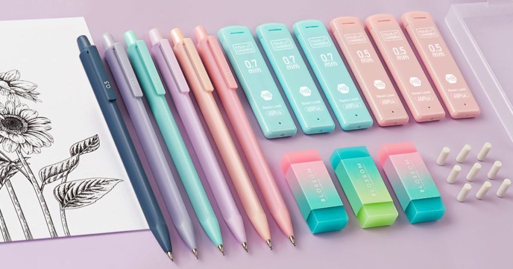 pastel colored pencil set arranged to show contents on a pink background