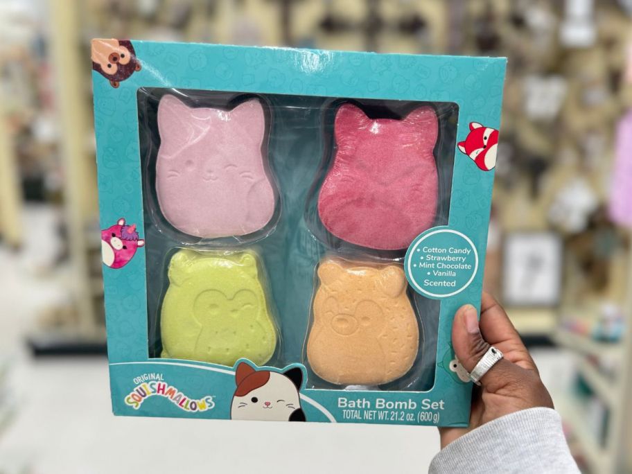 hand holding a 4pc Squishmallows Bath Bomb Set