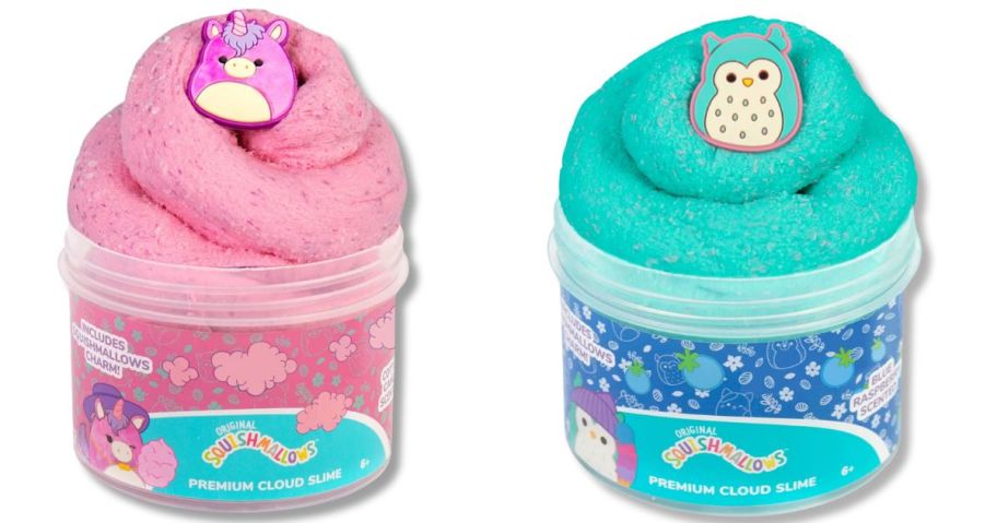 pink and blue Squishmallow slime containers with slime onlineing out and charms on top