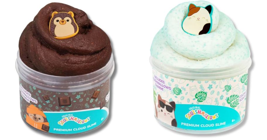 brown and white Squishmallows slime containers with slime onlineing out and charms on top