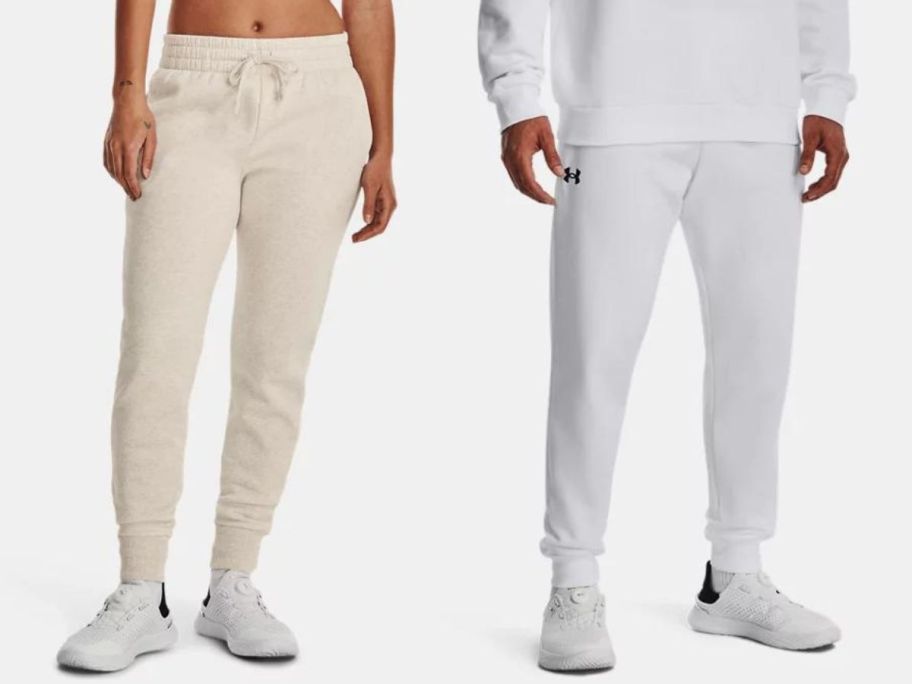 womasn wearing cream sweats and man wearing white pants