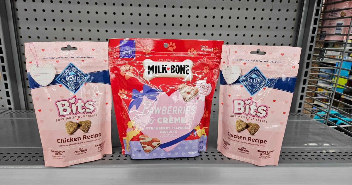 milkbone and blue buffalo valentines day dog treats lined up on a walmart store shelf