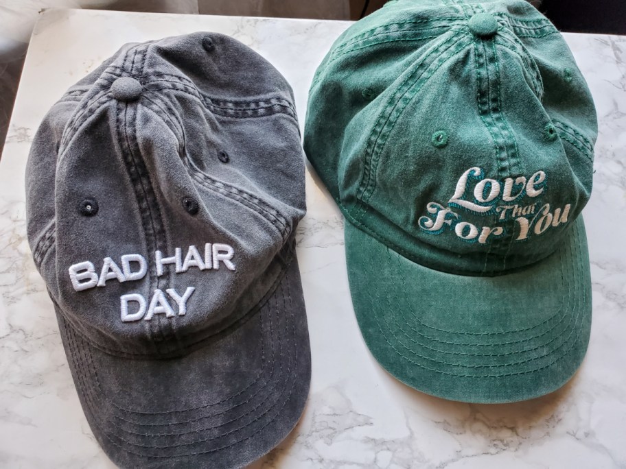 black and green washed denim baseball hats