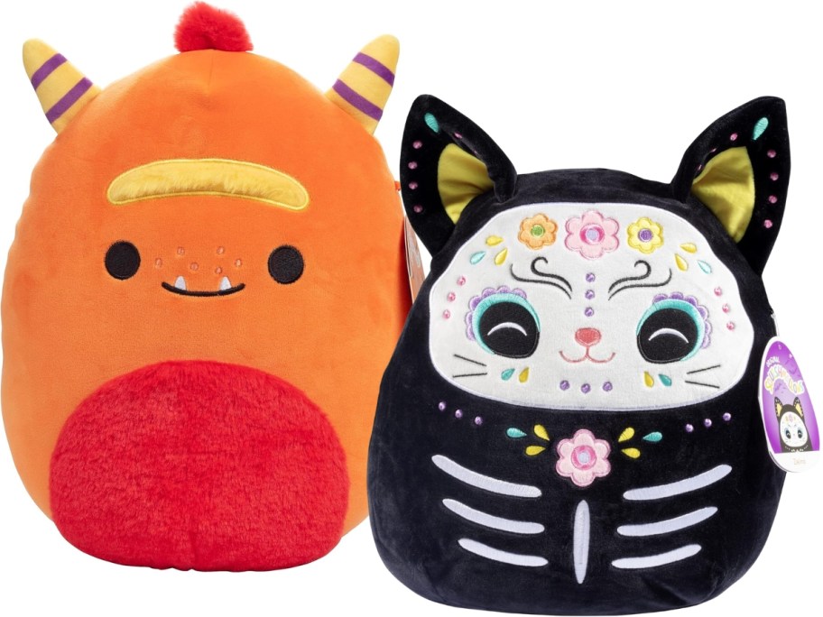 Orange Monster Halloween Squishmallow and Day of the Dead Black Cat Squishmallow