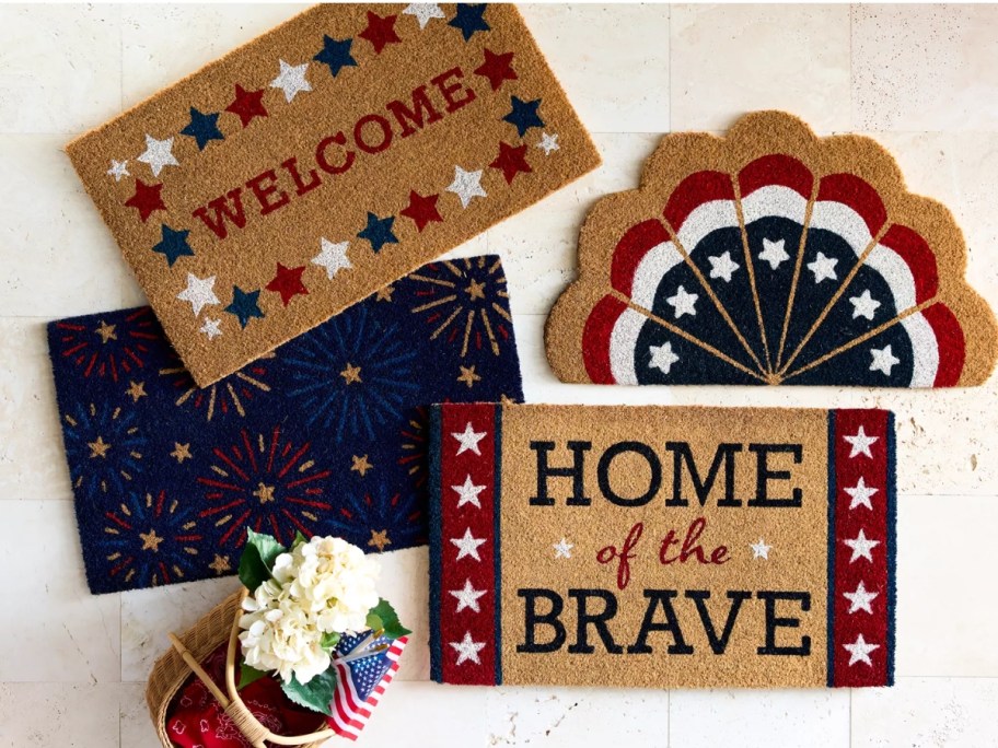 4 different red, white, blue, patriotic coir doormats