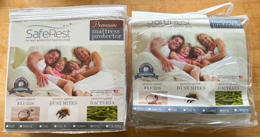 2 Saferest Waterproof Mattress Protectors in packaging