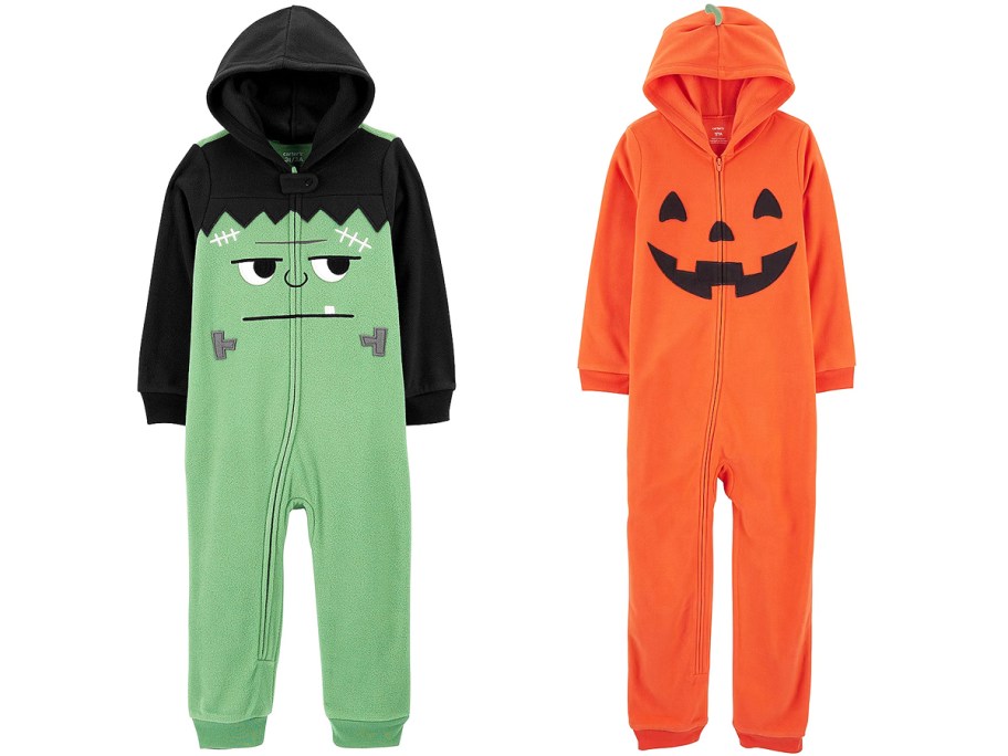 frankenstein and pumpkin one-piece halloween pajamas