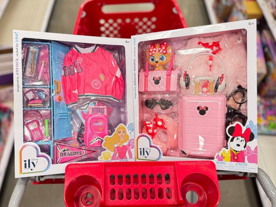 Disney ILY 4EVER 18" Deluxe Fashion Accessory Packs Aurora and Minnie Mouse inspired boxes in cart in store