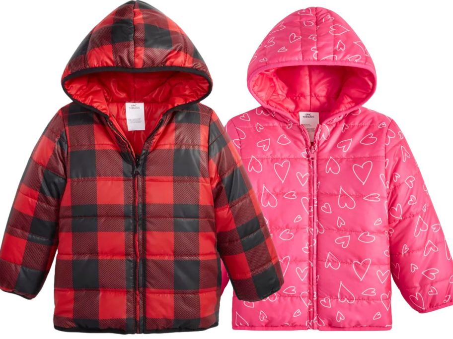 2 kids puffer jackets in red plaid and pink with hearts