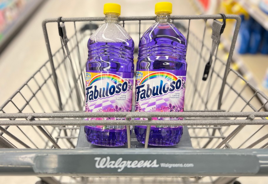 Two bottles of Fabuloso multi-purpose cleaner in a shopping cart