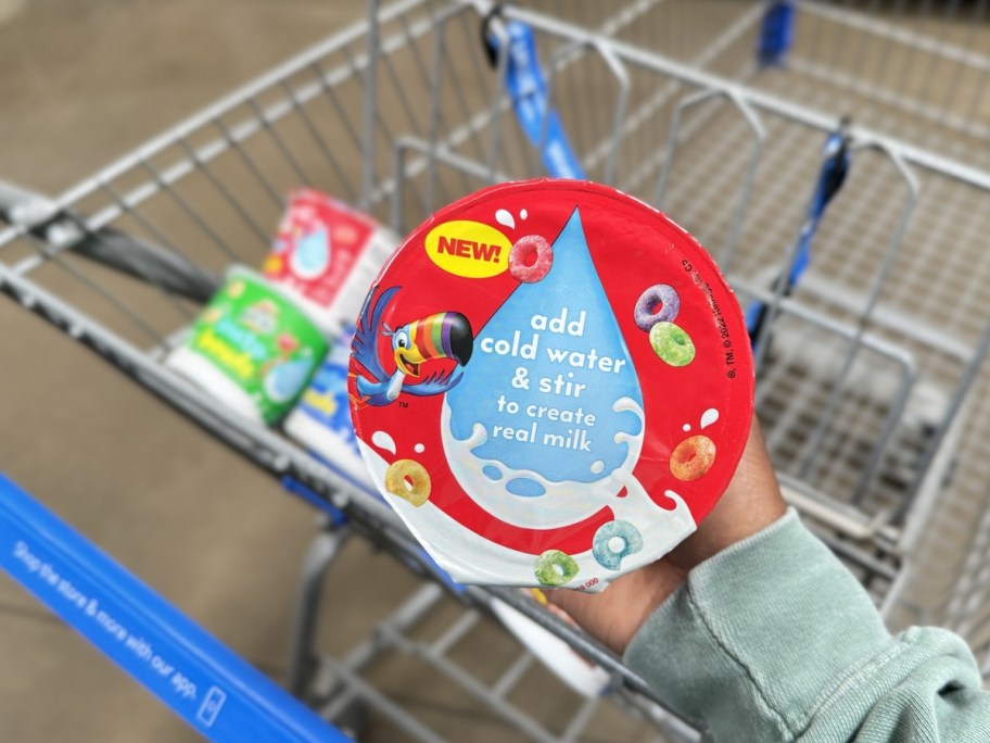 kellogg's froot loops insta-bowl lid with store cart in background