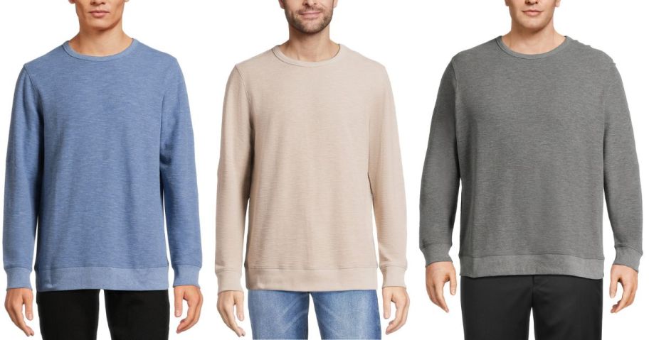 man wearing blue sweater, man wearing tan sweater and man wearing gray sweater