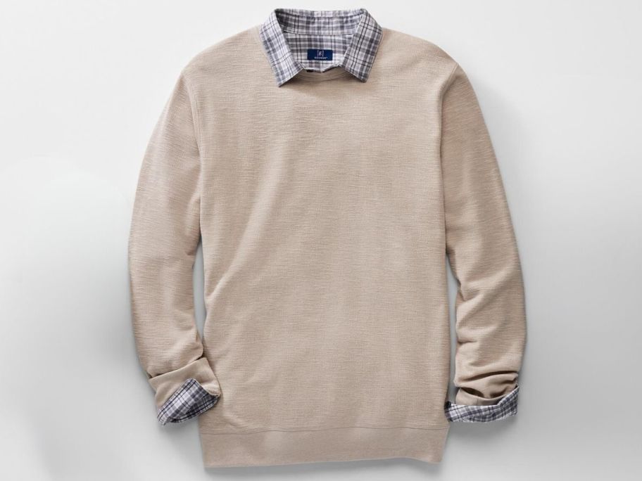 tan long sleeve crewneck top with plaid undershirt