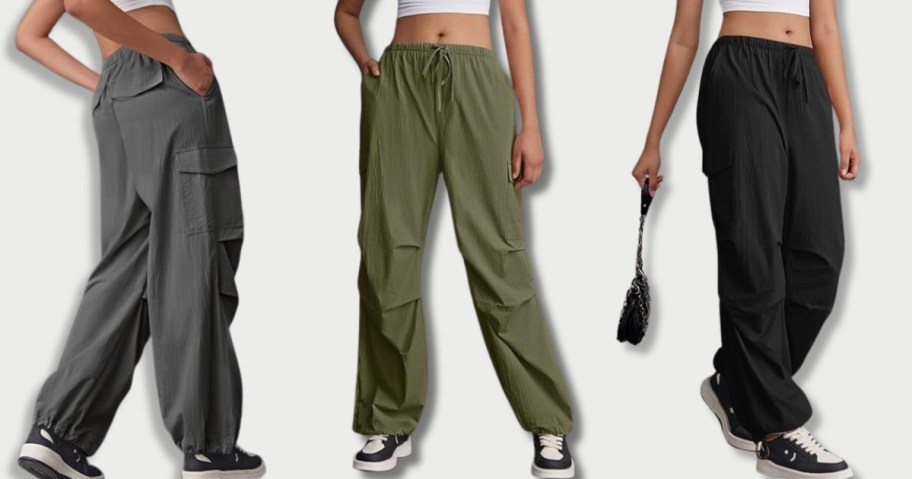 women wearing different color parachute cargo pants