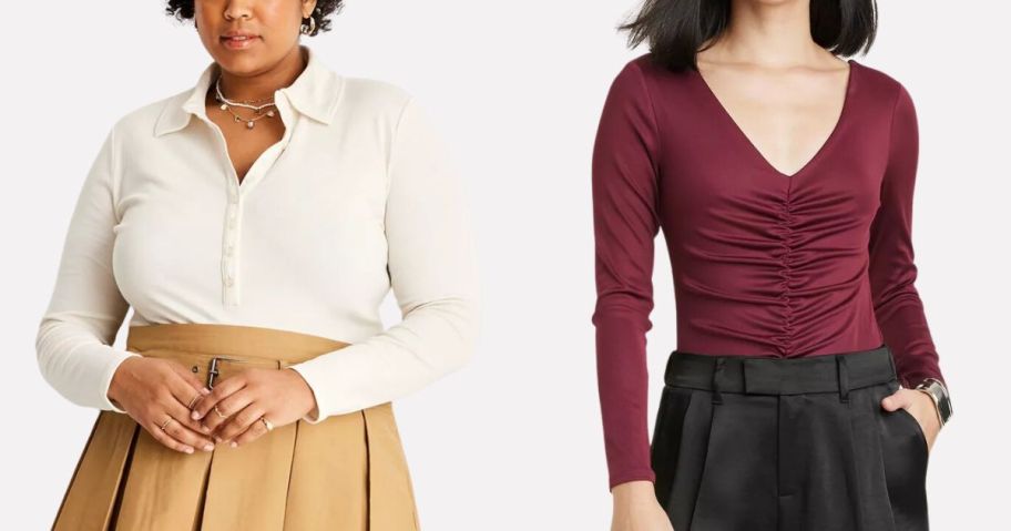 woman wearing a white long sleeved bodysuit with a khaki skirt and woman wearing a long sleeved burgundy bodysuit with black pants