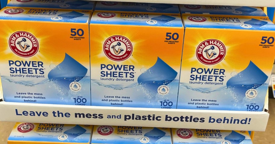 row of Arm & Hammer Power Sheets Laundry Detergent boxes on a store display shelf