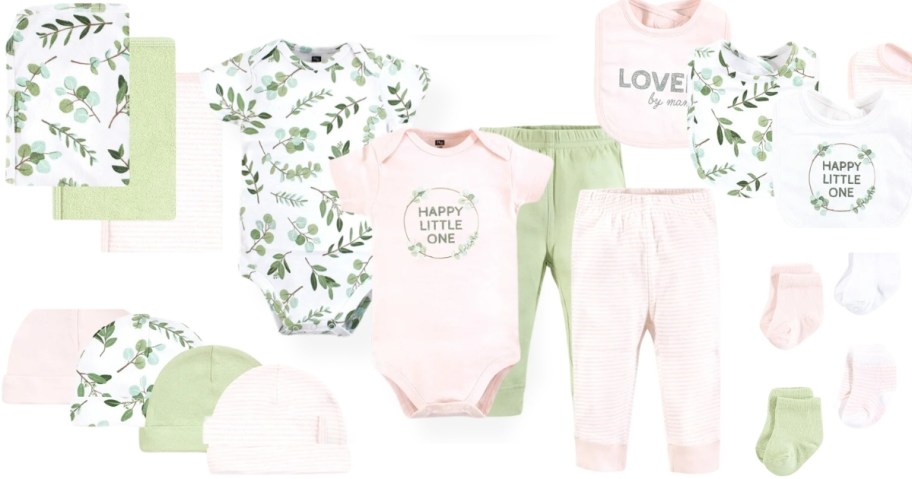 pink, green and white baby bodysuits, pants, burp cloths, hats, bibs, and socks