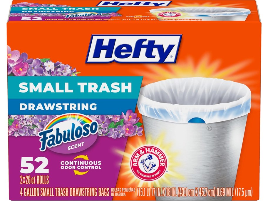 box of hefty 4-gallon trash bags in fabuloso scent