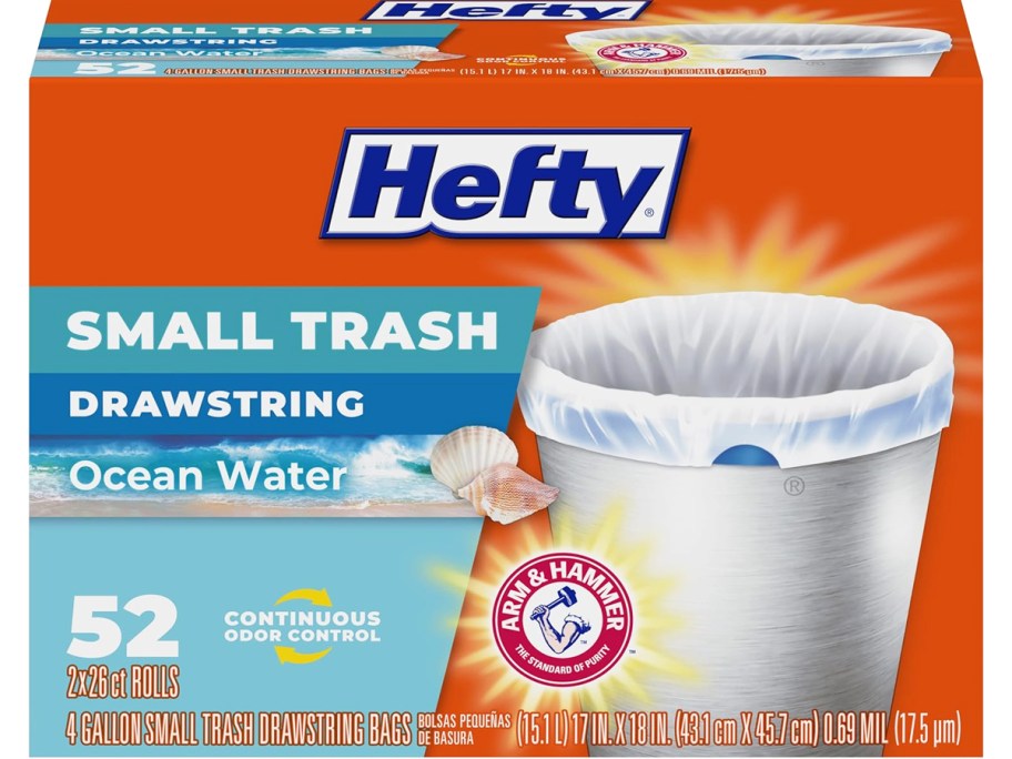 box of hefty 4-gallon trash bags in ocean water scent