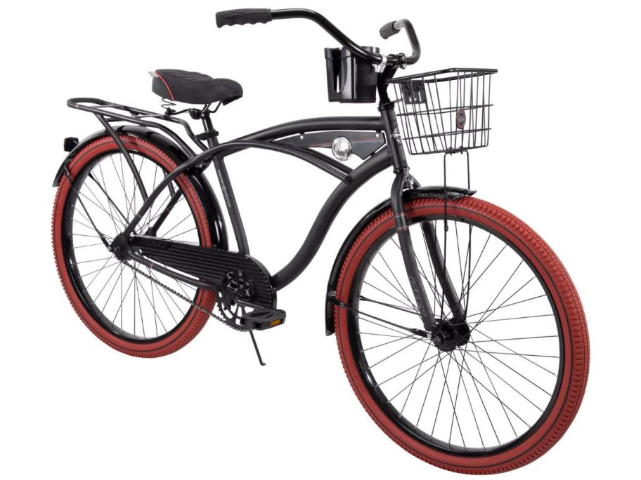 A red and black cruiser-style bike