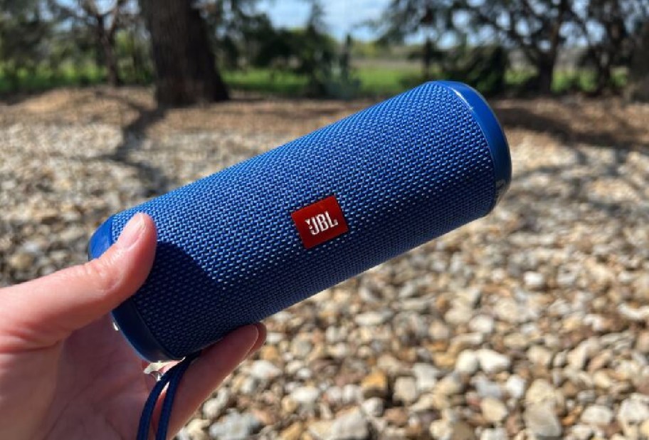 hand holding a JBL Flip 4, one of picks for best portable bluetooth speaker in 2024