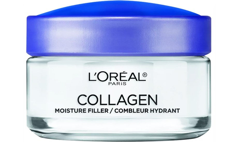 white jar of L'Oreal Paris Collagen Moisture Filler Daily Moisturizer with purple lid