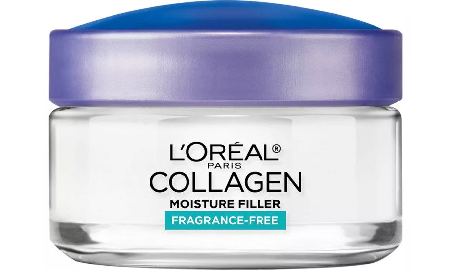 white jar of L'Oreal Paris Collagen Moisture Filler Daily Moisturizer with purple lid